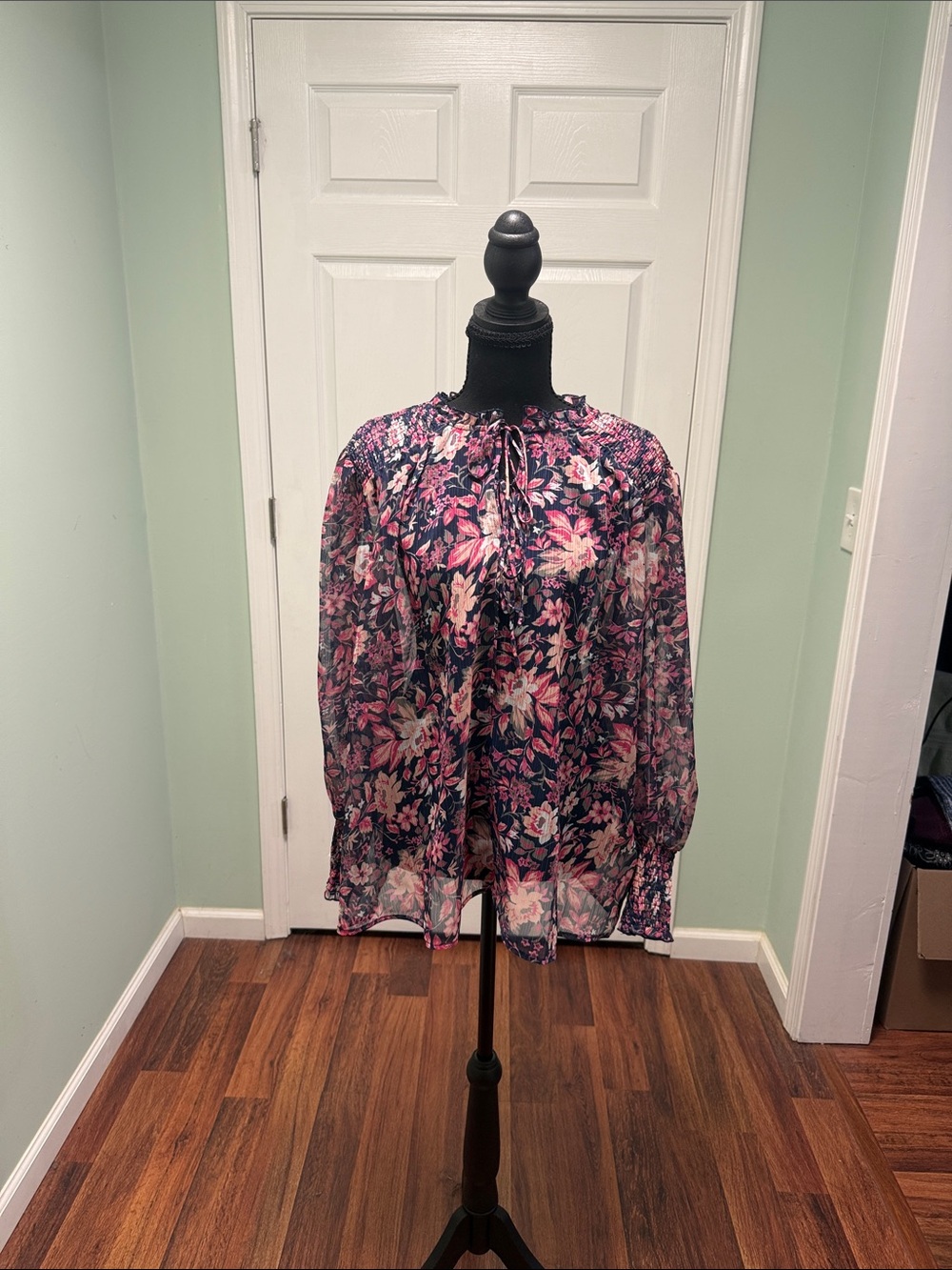Philosophy sheer Navy Floral Tie-Neck Blouse with Pink & Cream Accents